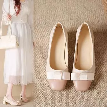Autumn New Thick Heel Shoes Women s Fashion Square Head Before and After Butterfly Knot Comfortable Low Top Shoes 35 бежевый