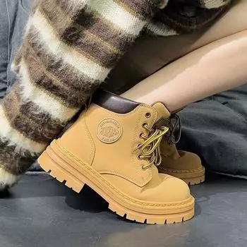 Autumn New Thick Heel Single Boots Women s Fashion Round Head Front Strap Thick Sole Anti-slip Wear-resistant Short Boots 35 жёлтый