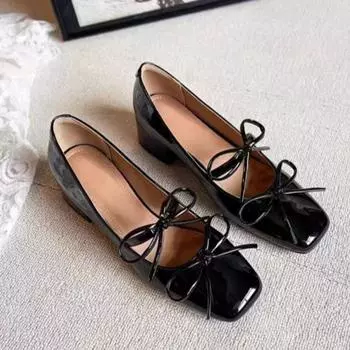 Autumn New Thick Heel Single Shoes Women s Fashion Square Head Shallow Mouth Butterfly Knot A Slip-on Low-top Shoes 35 чёрный
