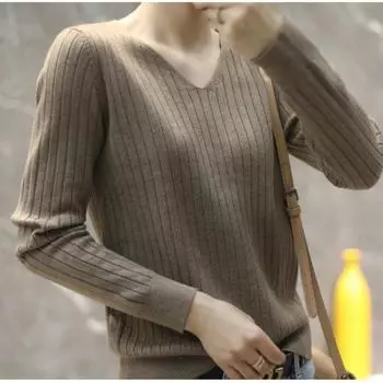 Осенний новый тонкий повседневный свитер-пуловер женский с длинным рукавом и V-образным вырезом вязаный свитер для женщин зимний облегающий женский трикотажный топ 24744 One Size белый