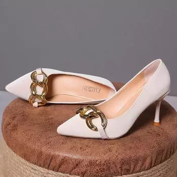 Autumn New Thin Heel Single Shoes Women s Fashion Pointed Head Shallow Mouth Metal Chain Temperament High Heels 35 бежевый
