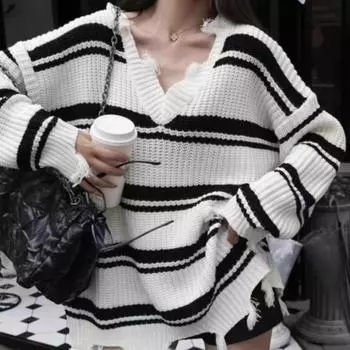 Осенний новый свободный полосатый вязаный свитер с V-образным вырезом и кисточками для женщин, модный винтажный свитер с длинным рукавом, женский элегантный повседневный трикотаж 24829 One Size белый