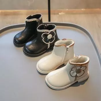 Autumn New Velvet Girls Shoe Warm Fashion Thick Soled Versatile Simple Girl Boots Floral Temperament Artistic Simple Child Shoes 21insole13.5cm чёрный