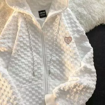 Autumn new waffle sweatshirt women s thin Korean style top hooded zipper cardigan super nice women s jacket M