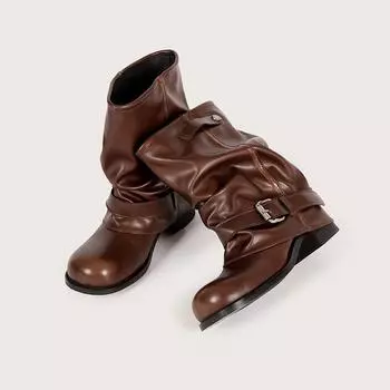 Autumn New Western Cowboy Boots Women s Pleated Pile Martin Boots Brown Retro Fashion Thick Heel Pants Boots 35