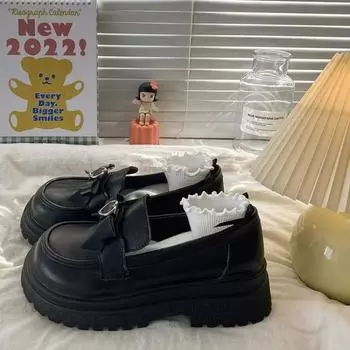 Autumn New Women Mary Jane Shoes Thick Heel Butterfly Buckle Lolita Dress Shoes Women s Slip-on Loafers Japanese JK Single Shoes 35 чёрный