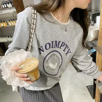 Autumn New Women Retro Feather Letter Print Hoodies Ladies Loose Round Neck Long Sleeved Oversize Sweatshirt Top M