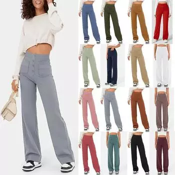 Осенние новые женские брюки с высокой талией, карманами и широкими штанинами на пуговицах, повседневные свободные прямые брюки S чёрный