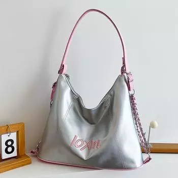 Autumn new women s niche bags, underarm bags, contrasting colors, large-capacity double shoulders, single shoulder messenger bags, tote bags. серебряный