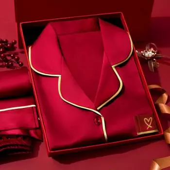 Осенний новый женский пижамный комплект с пуговицами на лацканах, комплекты из 2 предметов для женщин, красная домашняя одежда для женщин M красный