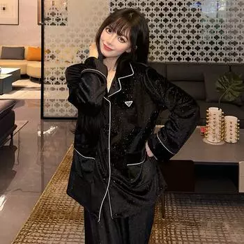 Осенние новые женские комплекты кардиган с лацканами наряды для женщин комплект из 2 предметов черная женская пижама M чёрный