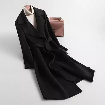 Autumn new woolen coat women s medium and long autumn and winter fashion new loose and thin double-sided woolen coat S recommends 80-47.5 kg чёрный