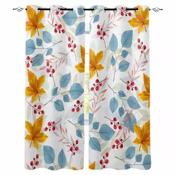 Autumn Plant Maple Leaves Gray Leaves Watercolor Blackout Curtains For Living Room Bedroom Window Treatment Blinds Drapes W135 x H60cm