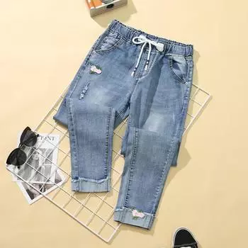 Осенние джинсы больших размеров женские с высокой талией, укороченные брюки-стрейч, брюки-ноги 6XL синий