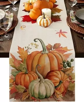 Autumn Pumpkin Maple Leaf Linen Table Runners Seasonal Fallen Leaves Dresser Scarf Table Decor Holiday Party Dining Table Decor 150x33cm 59x13inch