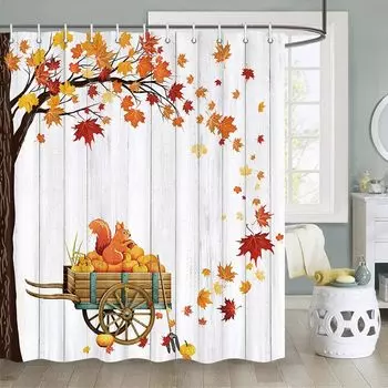 Autumn Pumpkin Shower Curtain Cat Maple Leave Fall Thanksgiving Harvest Rustic Barn Door Wooden Vintage Farmhouse Bathroom Decor 35x70in-90x180cm