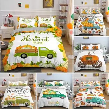 Autumn Pumpkin Truck King Queen Duvet Cover Happy Fall Thanksgiving Bedding Set Kids Festival Gifts Polyester Quilt Cover EU Single 135x200cm