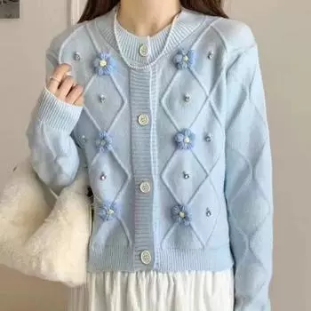 Осенний элегантный вязаный свитер с круглым вырезом для женщин, зимний свободный однотонный кардиган с длинным рукавом, повседневный милый 3D-цветочный модный кардиган 24838 One Size белый