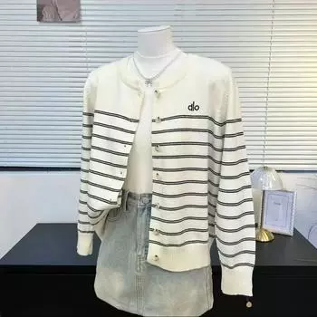 Autumn Round-neck Long-sleeved Striped Letter-embroidered Thin Knitted Cardigan for Women One Size