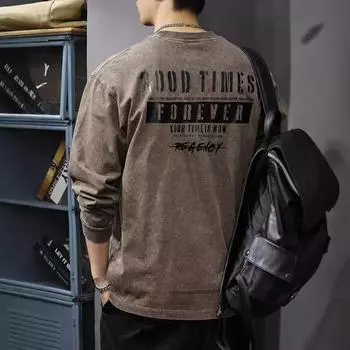 Autumn Ruffian Handsome Printed Long-Sleeved T-Shirt Men S Retro Washed Heavy Sweater Spring And Autumn Loose Cotton Bottoming Shirt M