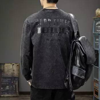 Autumn Ruffian Handsome Printed Long-Sleeved T-Shirt Men S Retro Washed Heavy Sweater Spring And Autumn Loose Cotton Bottoming Shirt M