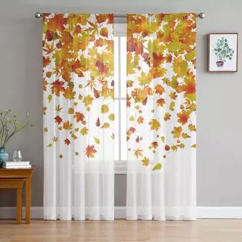 Autumn Scenery Maple Leaves Sheer Voile Curtains Living Room Bedroom Window Drapes Balcony Screen Tulle Curtains Small2x25W60H(CM)&Grommet Top