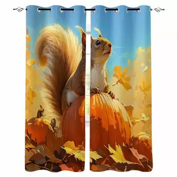 Autumn Season Squirrel Pumpkin Maple Leaf Blackout Curtains For Living Room Bedroom Printed Window Treatment Drapes Home Decor W135 x H60cm