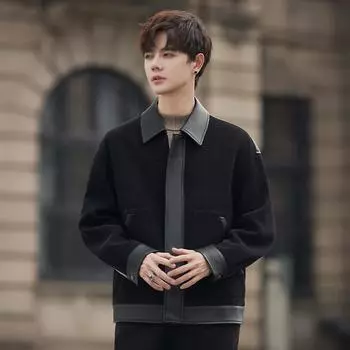 Autumn Senior Design PU Leather Splicing Jacket Lapel Ruffian Handsome Coat Loose Short Coat Top Men M чёрный