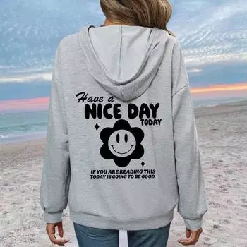 Autumn Shoulder Sleeves Letter Fashion Printed Back Bag Collar Fleece Hooded Sweater Women S Clothing XS серый