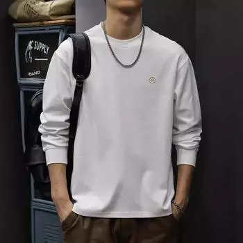 Осенняя простая вышитая футболка с длинными рукавами, мужская 50G, плотная трикотажная нижняя рубашка, американский модный свитер M белый