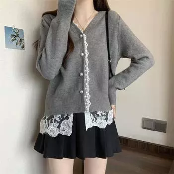 Autumn slim and thin lace splicing knitted cardigan niche chic design sweater jacket top one size fits all
