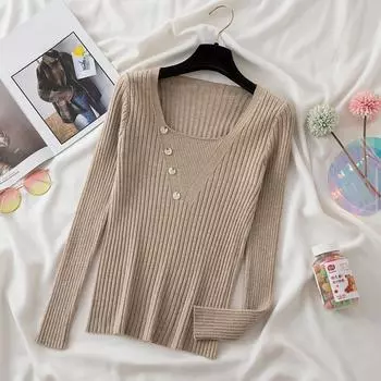 Autumn Slim Fit Square Collar Knitted Sweater Women Fashion Long Sleeve Base Women s Sweaters Tops Elegant Buttons Casual Simple Winter Clothes 25498 One Size чёрный