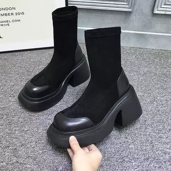 Autumn Socks Boots Women s Boots Fashion Round Toe Ankle Boots Winter Stretch Black Boots Comfortable Thick Sole Stretch Boots 35 чёрный