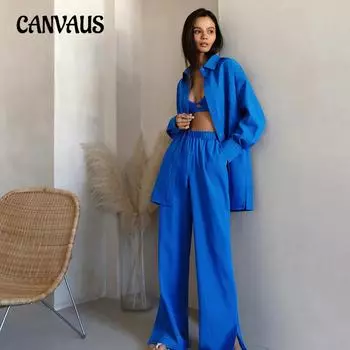 Autumn Solid Colour Thin Women s Home Simulation Silk Underwear Long-sleeved Jacket Long Trousers Pajamas Suit Can Be Worn Outside S синий