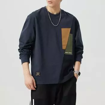 Футболка с длинными рукавами Autumn Splicing High-End Sapphire Blue, мужская свободная футболка большого размера, подкладка для свитера Tide M хаки