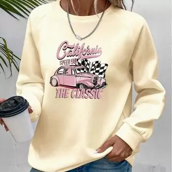 Осенне-весенняя одежда, розовый свитер с принтом автомобиля, топы для женщин, круглый вырез, длинный рукав XS чёрный