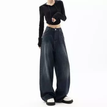 Autumn Spring Vintage Women Wide Leg Jeans Harajuku Baggy Denim Trousers Oversized Streetwear Y2k Autumn Pants XXL серый