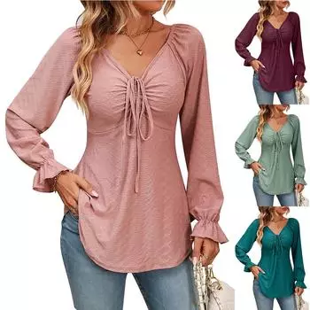 Autumn Spring Women Blouse Sexy V-Neck Drawstring Waist Long Sleeve T-Shirt Lady Elegant Tops XXXL чёрный