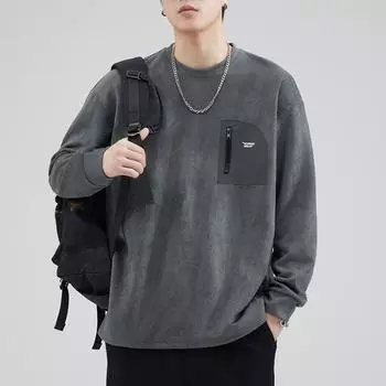 Осенний замшевый американский тяжелый черный свитер с круглым вырезом, мужской свободный топ больших размеров, повседневный тренд M армия зеленый