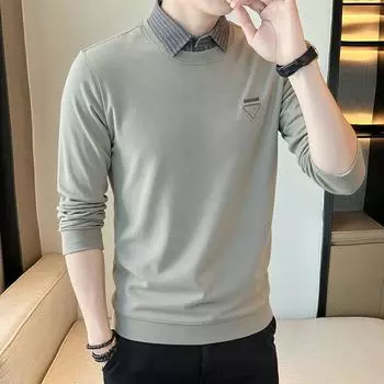 Autumn Sweatshirt Men s Long-sleeved Fake Two-piece Shirt Collar Fashion Top New T-shirt Base Shirt Dad Outfit M