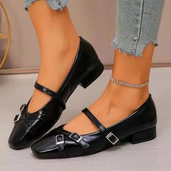 Autumn Temperament Square Toe Shallow Single Shoes Women s New Leopard Print Metal Buckle Low Heel Mary Flats 35 чёрный