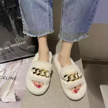 Autumn thick-soled Mao Mao slippers women s 2024 new Korean version fashion chain outer wear open-toed casual thick-soled Mao Mao shoes 35