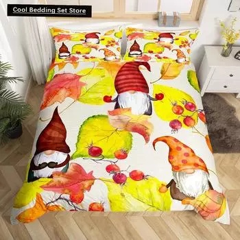 Autumn Tree Leaf King Queen Bedding Set Cartoon Botanical Duvet Cover Fallen Leaves Quilt Cover 2/3pcs Polyester Comforter Cover EU single(135x200cm)