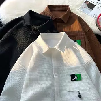 Autumn Waffle Long Sleeve Shirt Men s Teen Casual Shirt Men s Top Shirt Jacket M чёрный