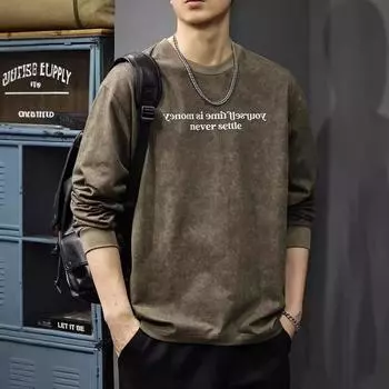 Футболка с длинными рукавами и принтом «Осенняя пустошь» в стиле фэн-шуй, мужская американская толстая рубашка из чистого хлопка, модный брендовый свободный свитер M