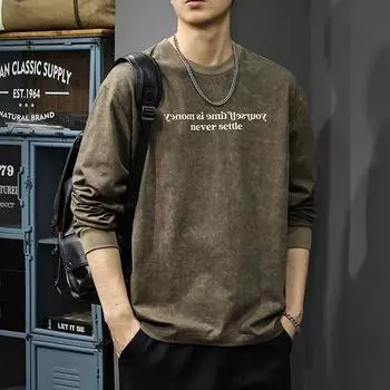 Футболка с длинными рукавами и принтом «Осенняя пустошь» в стиле фэн-шуй, мужская американская толстая рубашка из чистого хлопка, модный брендовый свободный свитер M