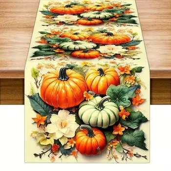 Autumn Watercolor Pumpkin Flowers Leaves Linen Table Runners Fall Thanksgiving Halloween Decor Holiday Party Dining Table Decor 150x33cm 59x13inch