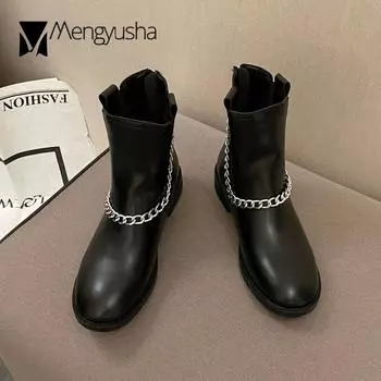 Осенне-зимние ботинки женские на низком каблуке до середины голени однотонные кожаные ботильоны женские эластичные панк-цепочки мотоциклетные ботинки 5 бежевый