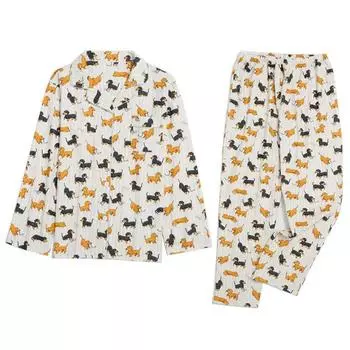 Осенне-зимний женский пижамный комплект из двух предметов из чесаного хлопка с длинными рукавами и брюками полной длины с эластичной резинкой на талии M