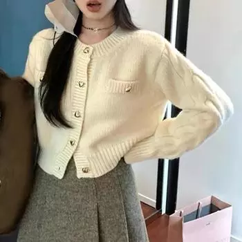 Осень-зима Повседневный длинный рукав вязаный свитер женский модный короткий кардиган свитер с круглым вырезом на пуговицах дамское свободное простое пальто One Size белый